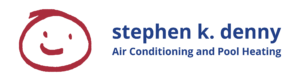 Logo for "stephen k. denny Air Conditioning and Pool Heating" featuring a simple red smiling face graphic on a light background.