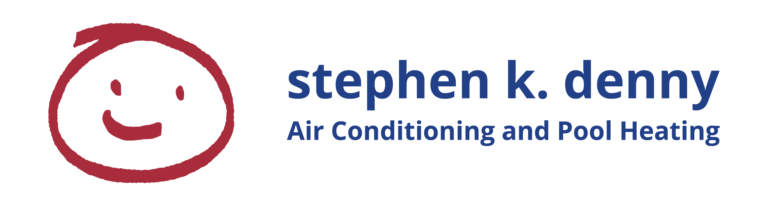 Logo for "stephen k. denny Air Conditioning and Pool Heating" featuring a simple red smiling face graphic on a light background.
