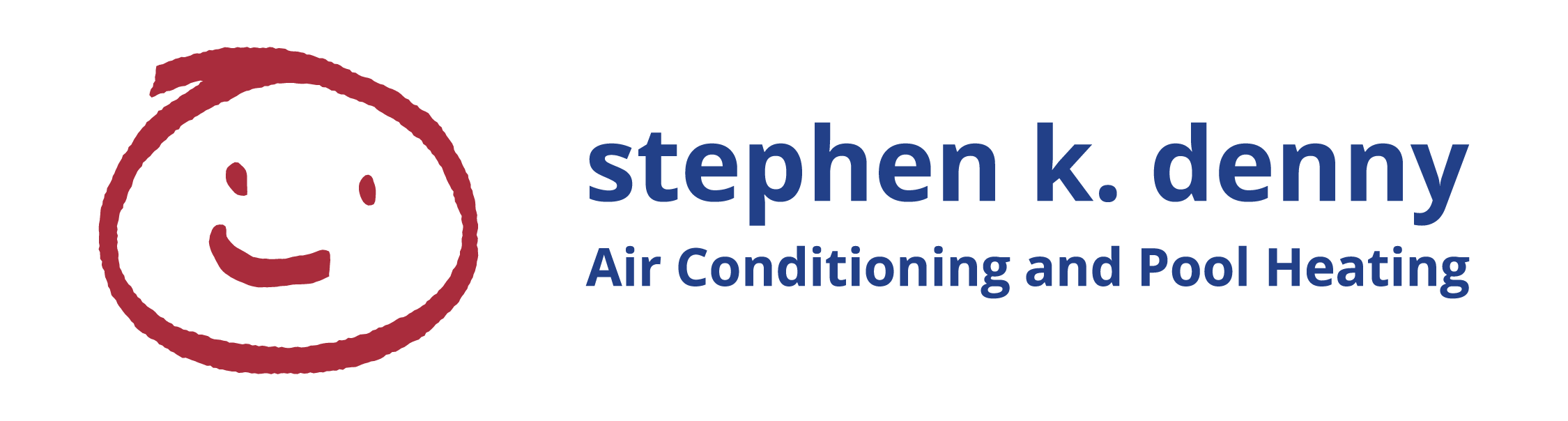 Logo for "stephen k. denny Air Conditioning and Pool Heating" featuring a simple red smiling face graphic on a light background.
